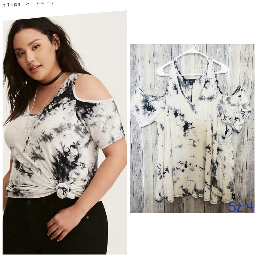 Torrid plus size 4 tie dye cold shoulder tee black and white